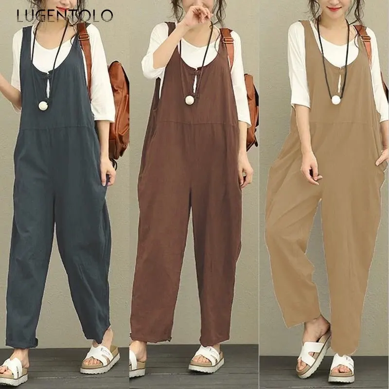 

Luegntolo Women Casual overalls Jumpsuits Suspenders New Tank Loose Pocket Solid Simple Spring Summer 2023 Versatile Streetwear
