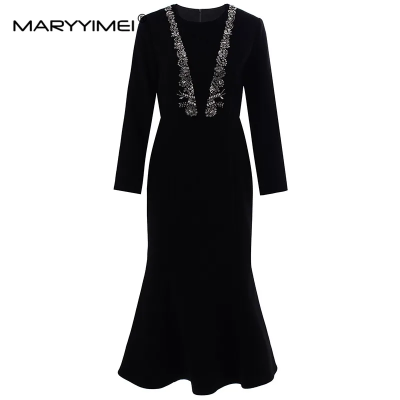 

MARYYIMEI New Fashion Runway Designer Women's Commuter Long Sleeve Lace Splicing Nail Drill Wrap Hip Slim-Fit Fishtail Dress