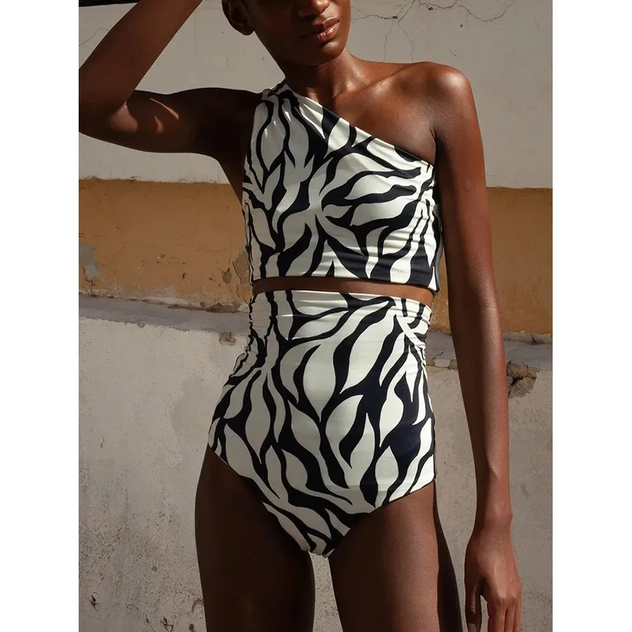 2023 New Fashion Printed Slant Shoulder Swimsuit Women's High Waist Conservative Bikini Swimwear Summer Beach Wear