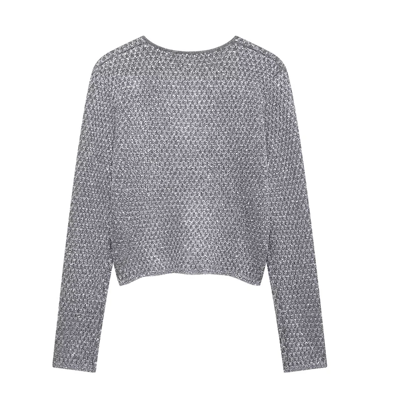 Slim Sequin O Neck Knitted Cardigan Women Long Sleeve Single Breasted One Button Sweater 2025 Spring Lady New Commute Knitwear