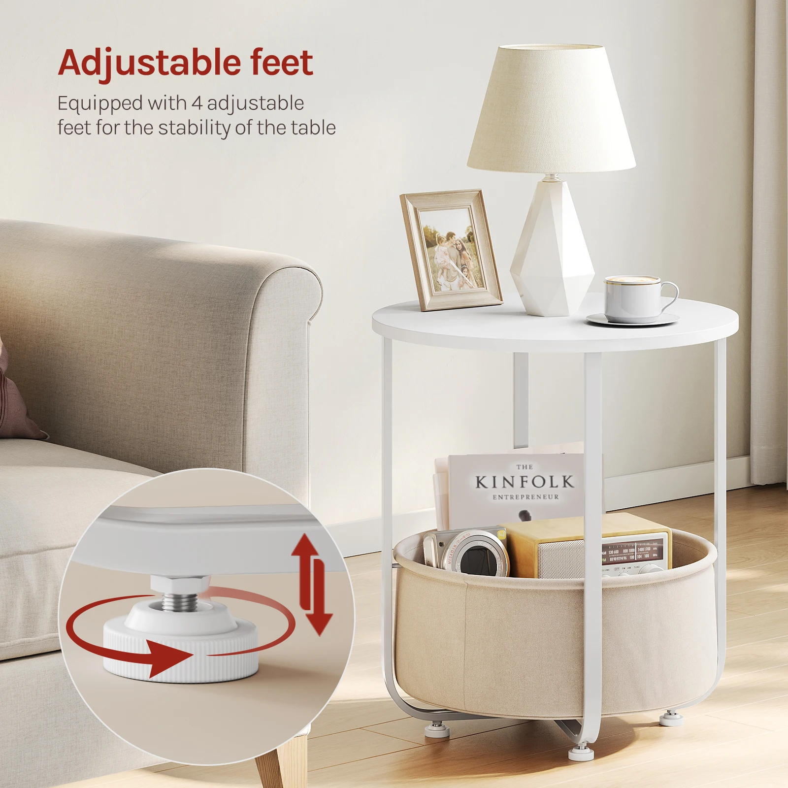 WOLTU Runder kleiner Couchtisch, Beistelltisch mit Stoff-Aufbewahrungskorb, Metallrahmen, Nachttisch, modern, für Wohnzimmer, Schlafzimmer – Detail 12