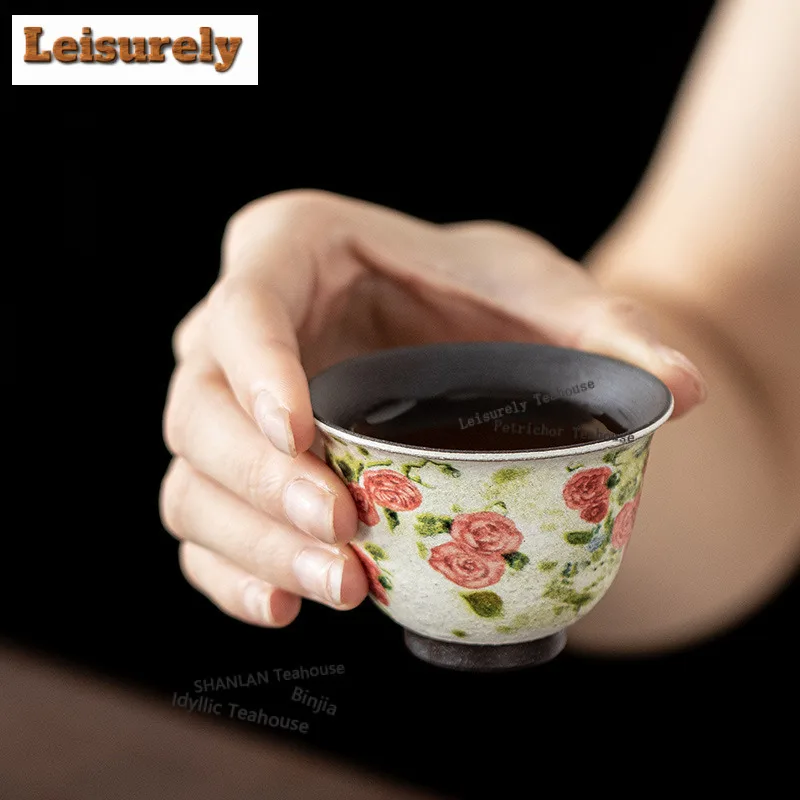 50ML Oil Painting Rose Flower Language Teacup Aesthetic Tea Bowl Set of Cups Tea-tasting Smelling Cup Chazhan Master Cups Cha