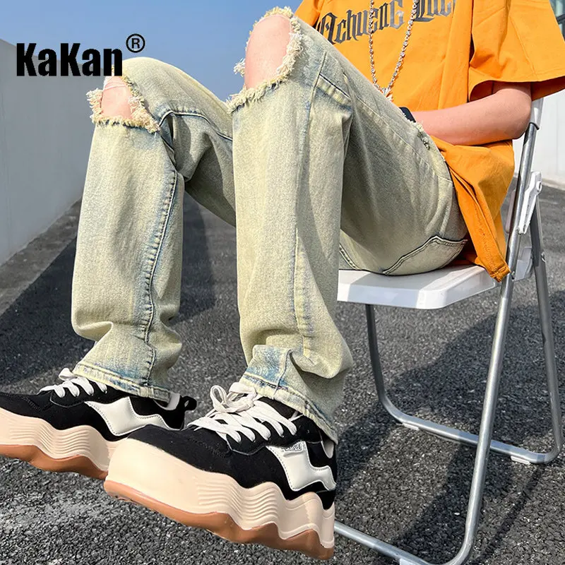 Kakan - Spring/Summer New Style Washed Old Knee Perforated Jeans Men's Wear, Slightly Elastic Straight Sleeve Long Jeans K29-717