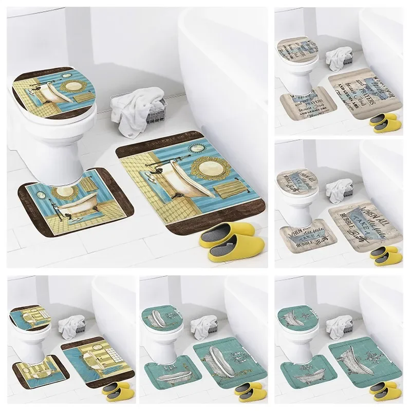 

Non slip shower mat bathroom carpet shower retro pattern decoration water absorbing bathtub carpet toilet cover decorative cover