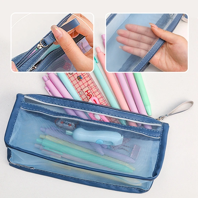 Estuche de lápices de doble transparente de gran capacidad, estuches de para estudiantes de oficina, material escolar de nailon, caja de bolígrafos, papelería| | -