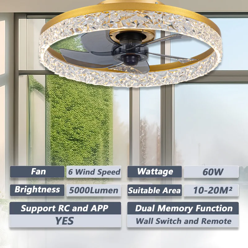 Hot Diamond Acrylic Ceiling Fan Lamp APP Remote Intelligent Timing 6-Speed Wind Speed Adjustment Removable LED Decorative Light