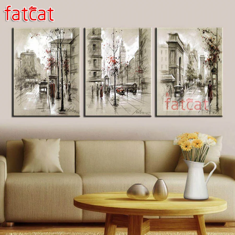 FATCAT diy 3 piece mosaic abstract street landscape diamond painting triptych 5d full drill rhinestone embroidery sale AE3381