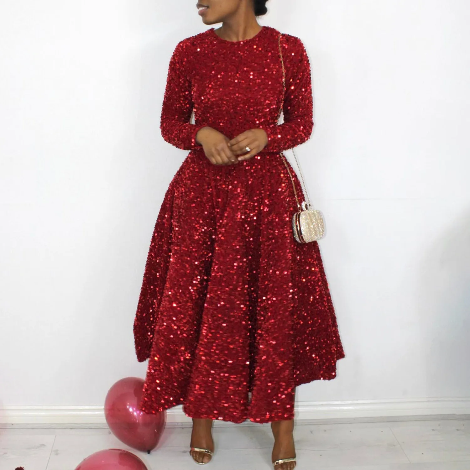 

Solid Color Elegant Sequin Party Maxi Dress Women Casual Round Neck 3/4 Sleeve Tight High Waist Loose Evening Dresses Women