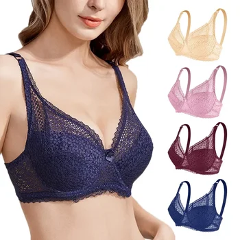 Underwear Adjustment Type Thin Large Chest Show Small  Gathered Women's Large Lace Steel Band Bra 1