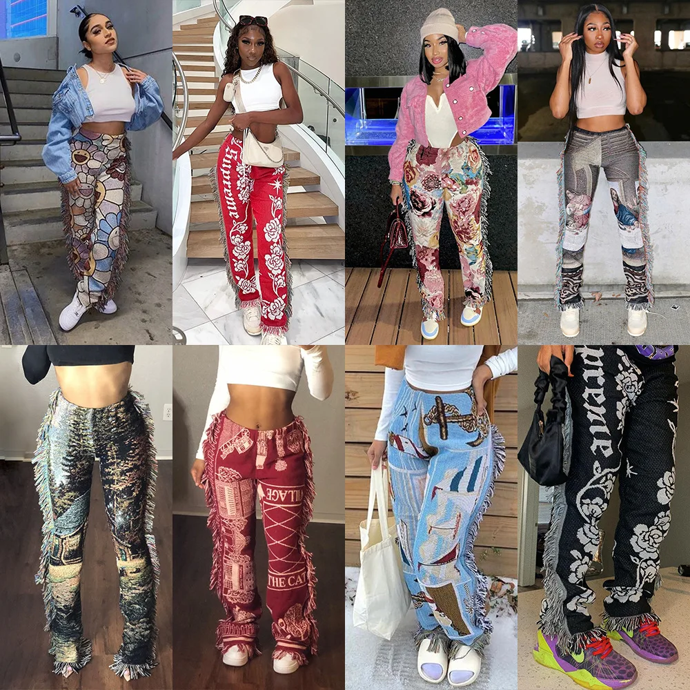 

Women Clothing Print stacked joggers tassel pants 2024 New Fashion Casual Fringed Velvet Stacked Tassel Jogger Pants Women