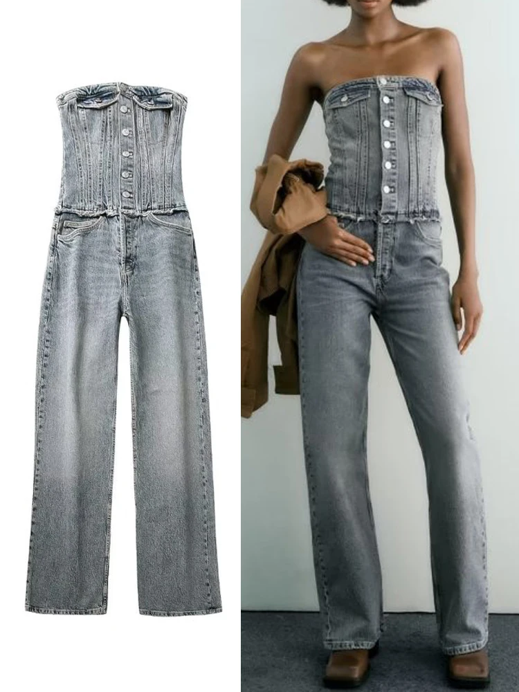 

TRAF 2023 Summer Woman Fashion Strapless Denim Jumpsuit Female Casual Sexy Backless Sleeveless Jumpsuit Solid Wide leg pants