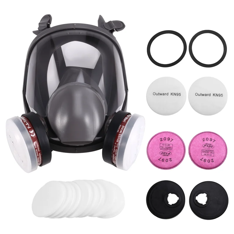 Détail des filtres du masque à gaz intégral 6800, protection chimique et anti-formaldéhyde, avec clip de fixation.