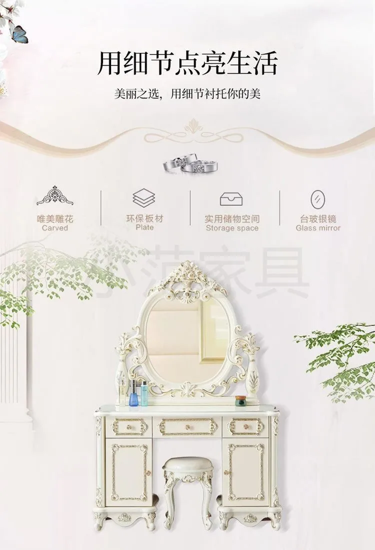 Description Picture 6 of itemVintage Aesthetic Dresser Cabinet Led Desings Wood Luxury Drawer Bedroom Makeup Table Mirror Hotel Toaletka Bedroom Furniture