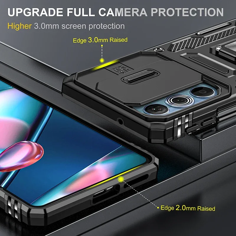 Armor Shockproof Phone Case with Sliding Window Lens Protection and Metal Ring Holder Back Cover