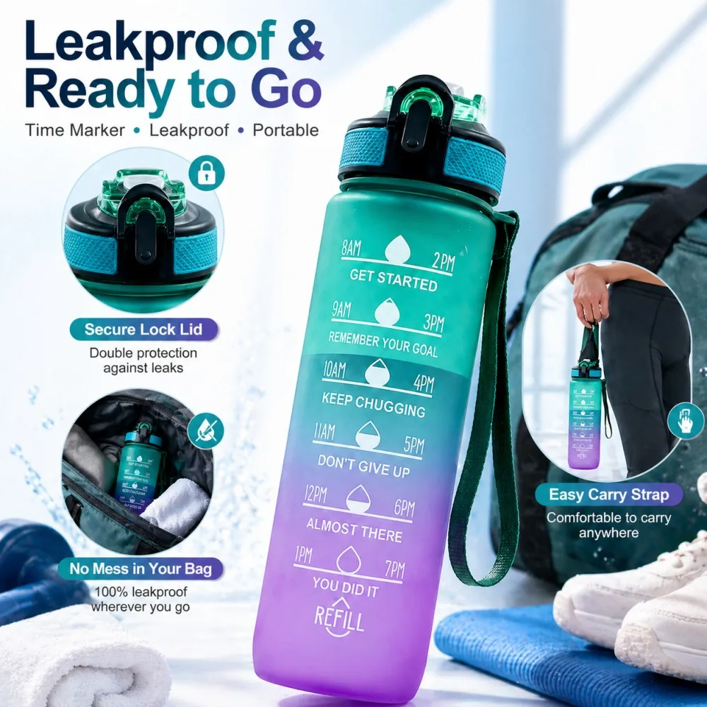 Large Gradient Leakproof Water Bottle with Time Marker - Ideal for Sports, Fitness, and Everyday Use