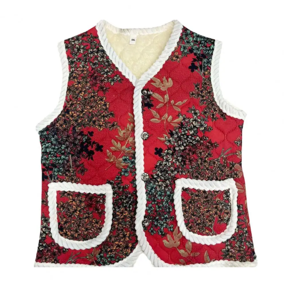 

Women Warm Jacket Stylish Mid-aged Mother Waistcoat V Neck Cardigan with Flower Print Thick Plush Pockets for Fall/winter Flower