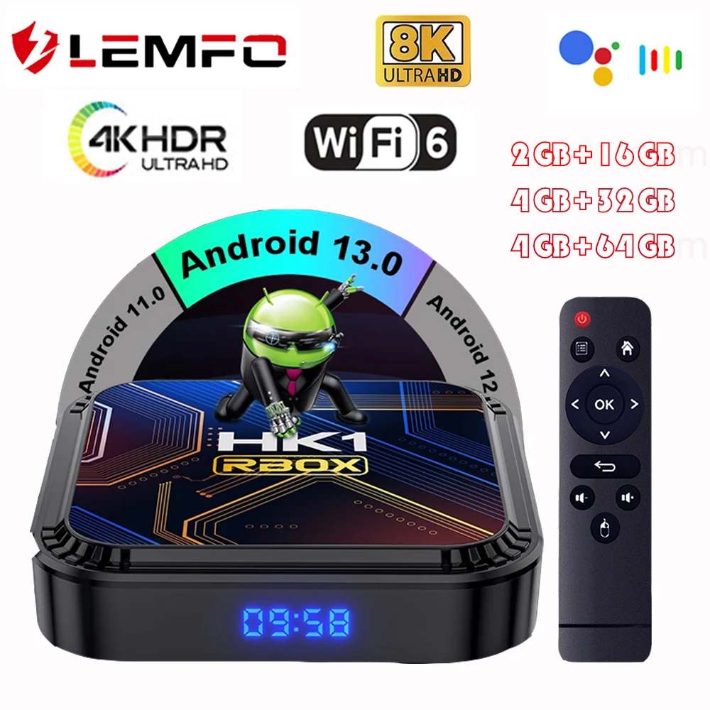 

LEMFO RK3528 Smart TV Box Android 13 Quad Core Cortex A53 Support 8K Video 4K HDR10 Dual Wifi BT Google Voice 2G16G 4G 32G 64G