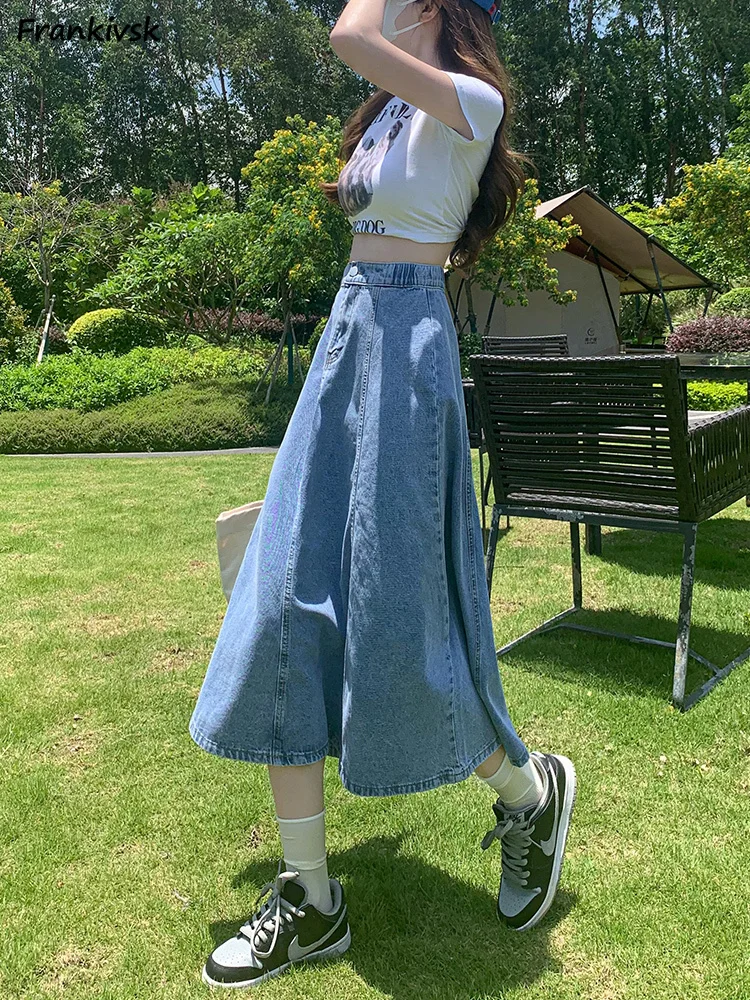 

A-line Skirts Women Summer Denim Cool Girlish Sweet Korean Style Stylish Lovely Aesthetic Simple Daily Ladies Graceful Gentle