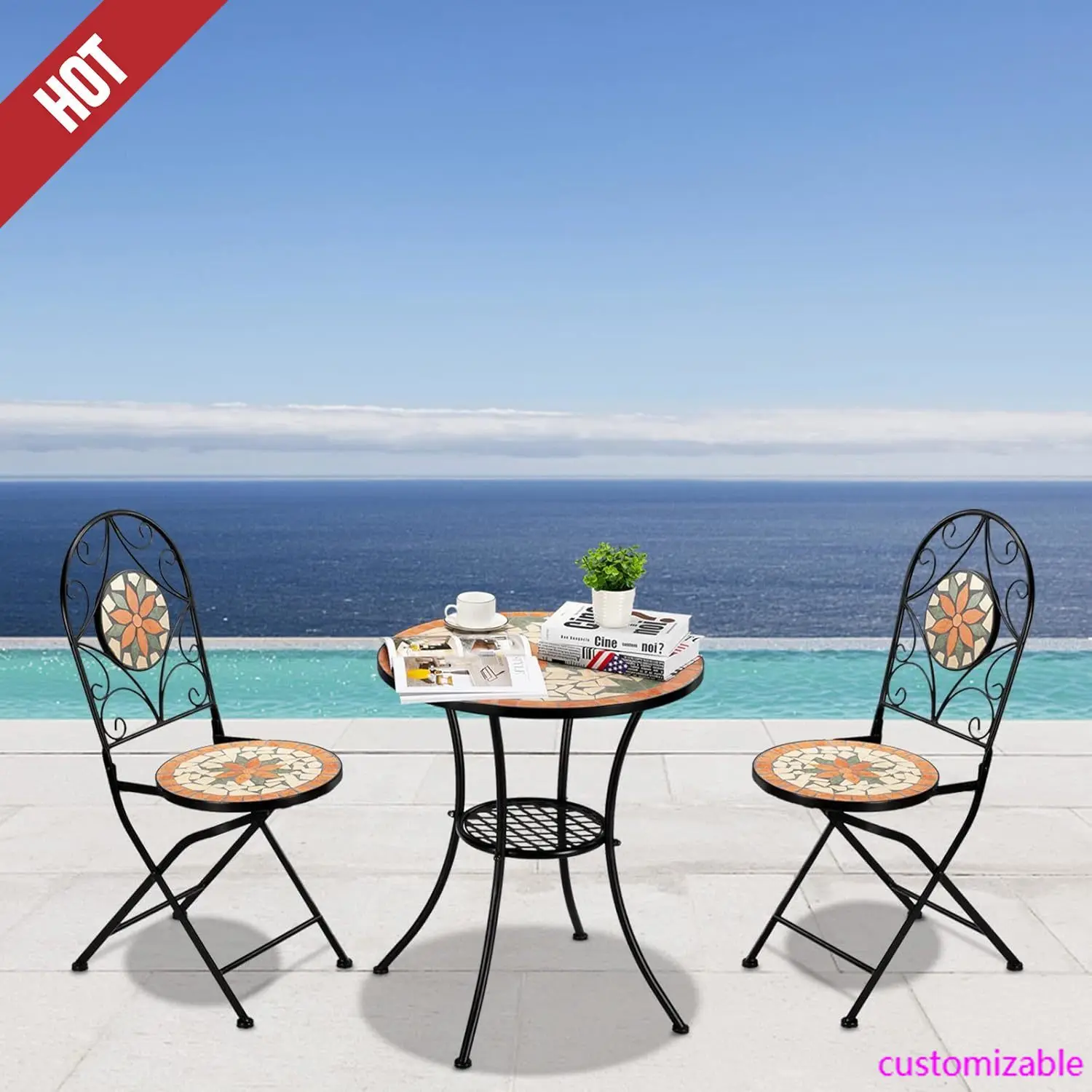 3 Pieces Garden Patio Mosaic Table, Outdoor Bistro Set with Folding Chairs,Black Iron Frame