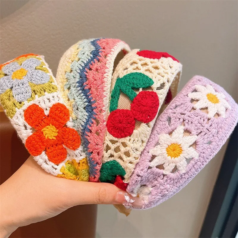 Embroidered Flower Knit Hairband for Girls 3