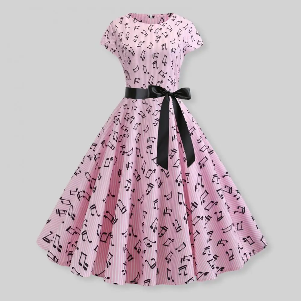 

Women Printed Dress Colorful Music Scale Print Midi Dress with Bow Belt Back Zipper Closure Women's A-line Dress with Tight