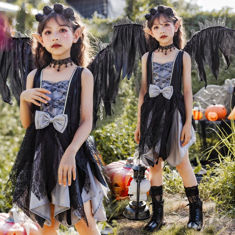 

Halloween Vampire Dress Cosplay Makeup Ball Black Angel Gothic Sexy Elf Performance Dress Wing Dress Headdress Party Set