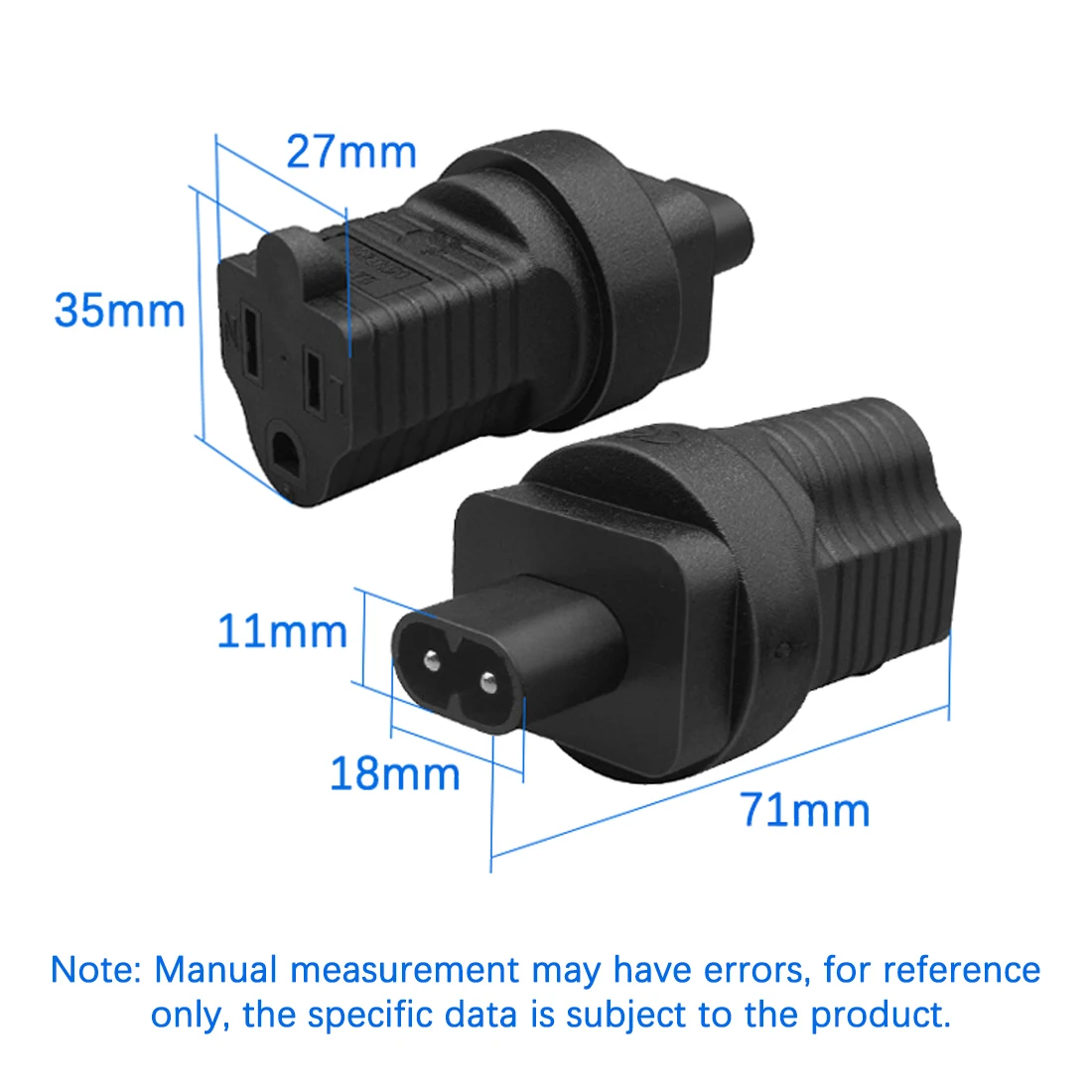 JORINDO IEC 320 C8 to Nema 5-15R AC adapter, Figure 8 male to US 3-pin female AC power converter connector