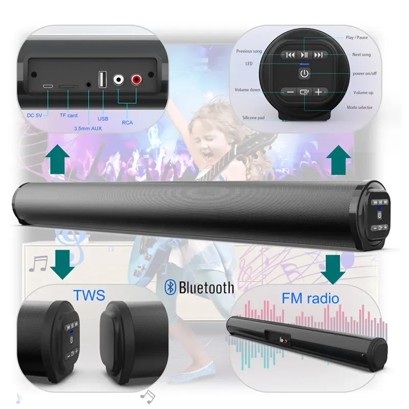 40W Tv Sound Bar Wireless Bluetooth Altoparlante Colonna Subwoofer Wireless Home Theater 3D Surround Sound Con Radio Fm Per Computer