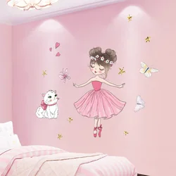 Cartoon Dance Girl Kitty Butterfly Wall Decal Paper Room Home Wall Stickers Cute Ballet Girl Sticker Decoration For Girl Bedroom