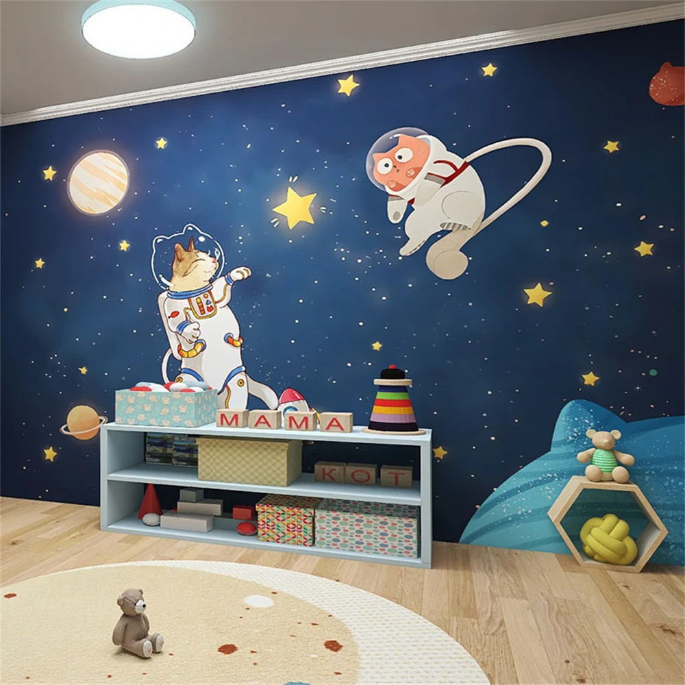 

Custom Cartoon universe starry sky planet astronaut wallpaper for children's room mural early childhood kindergarten wall paper