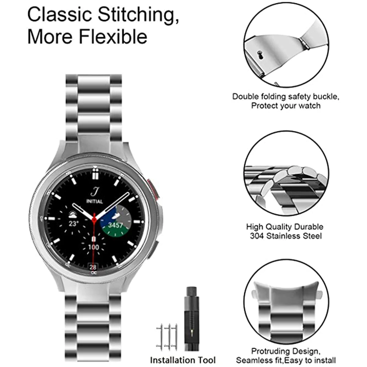 Premium Stainless Steel Metal Strap - Matte Finish Link Bracelet, No Gaps Design, 20mm Width