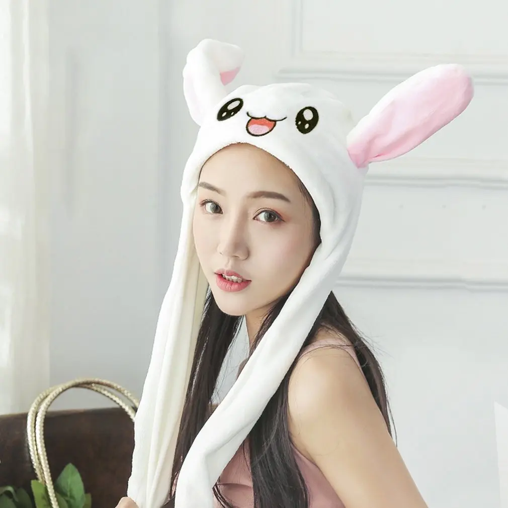 Girls Animals Ear Moving Jumping Hats Children Women Warm Plush Rabbit Winter Caps Kids Cute Bunny Fuzzy Pinch Airbag Funny Hats