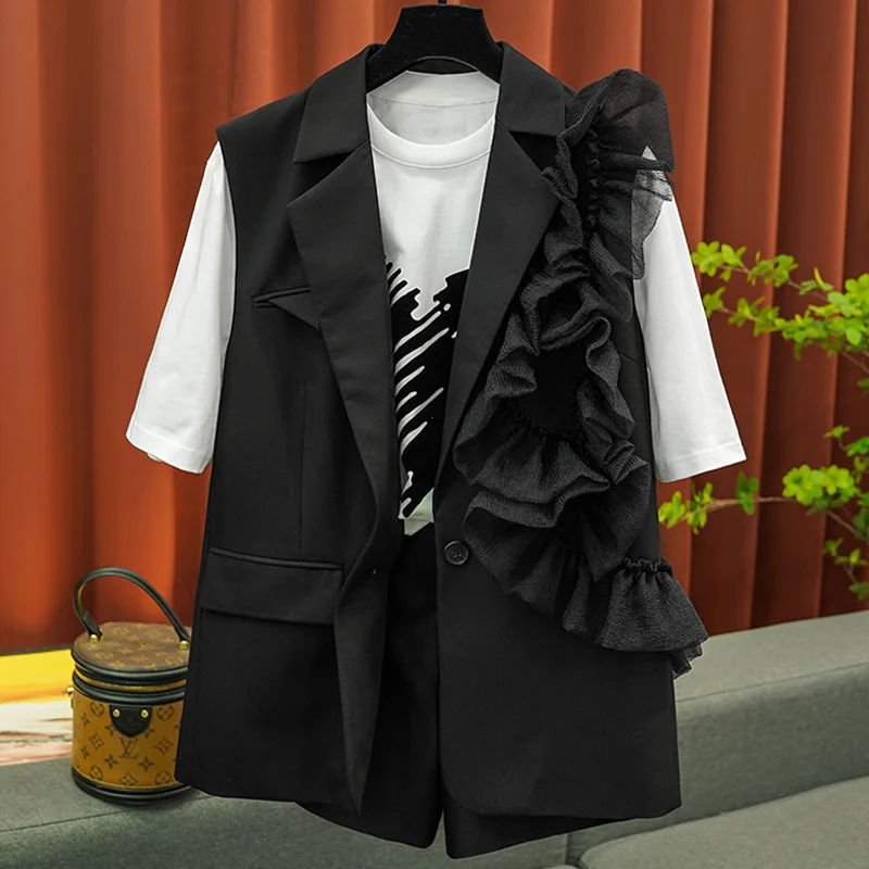 

Summer New Top 2023 Niche Pleated Floral Black One Button Suit Vest Jacket Women Commuter Formal Occasion Slim Women Clothing