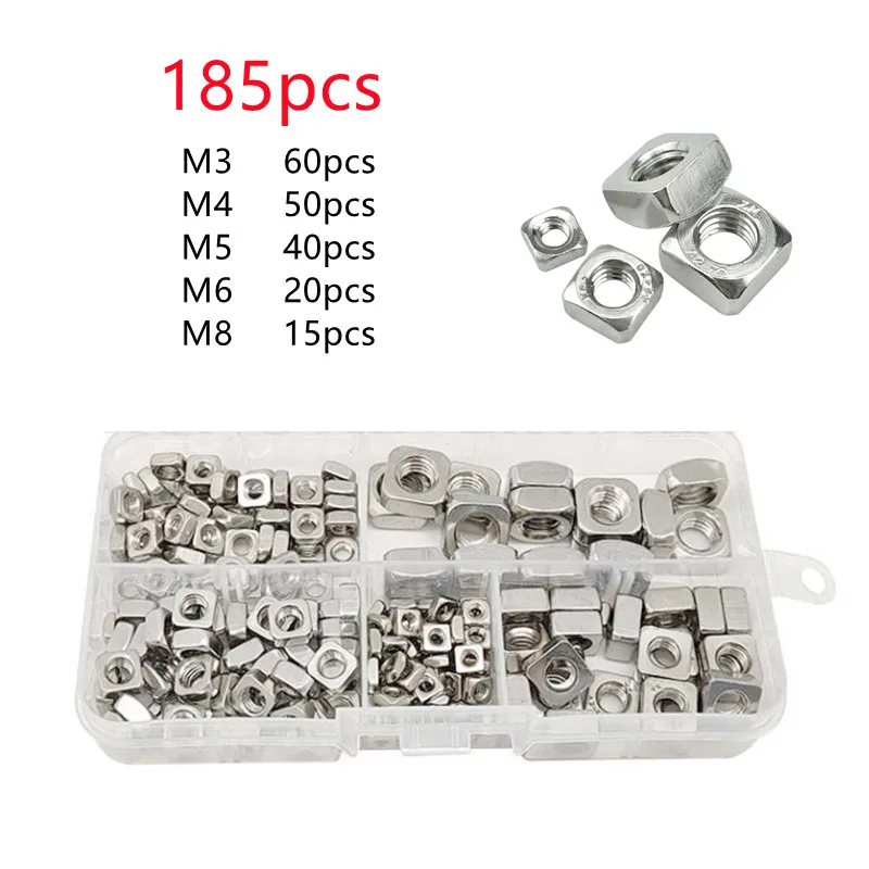

185pcs Square Nuts Kit Stainless Steel M3 M4 M5 M6 M8 Mixing Metric Square Nuts Four-sided Nuts Kit