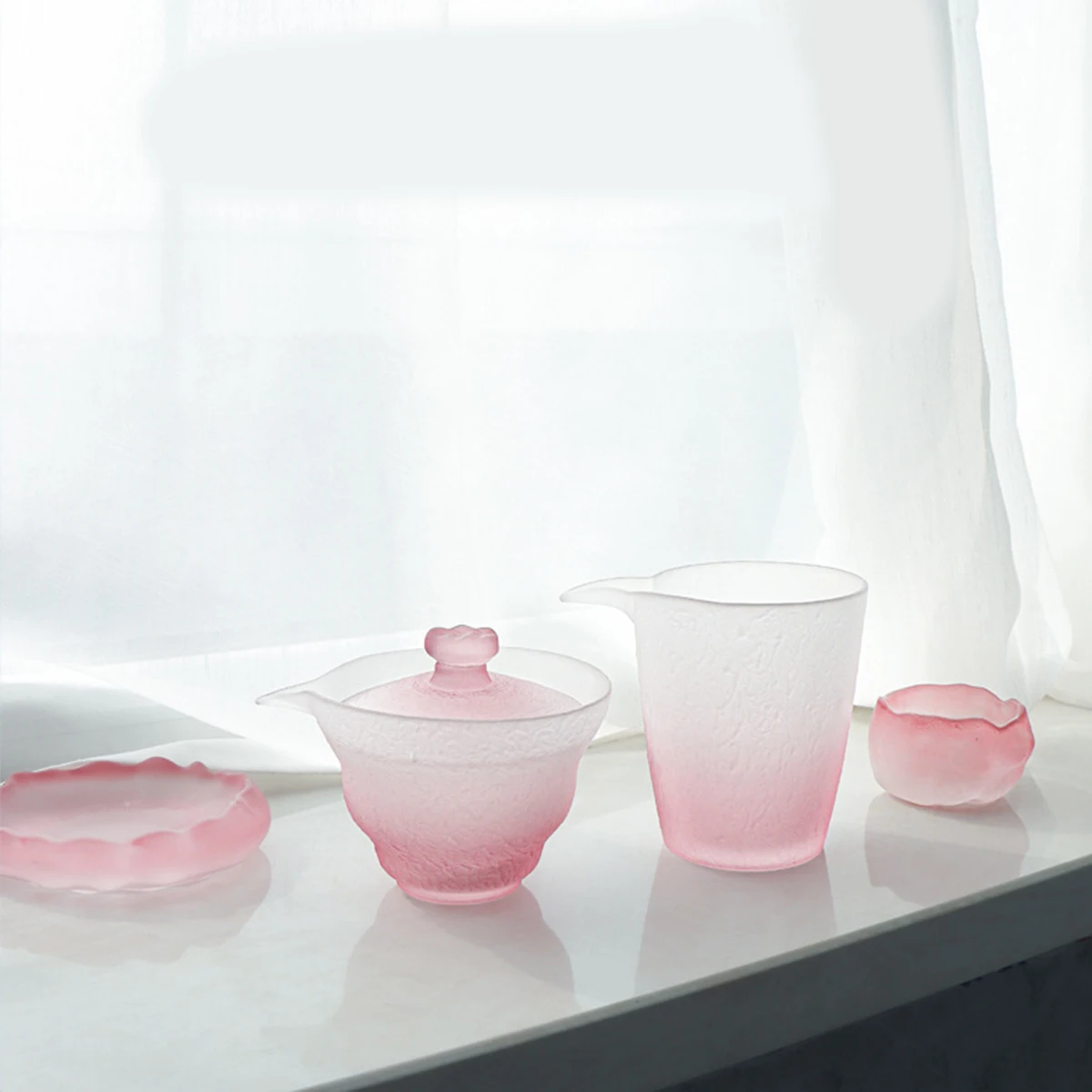 (Can Engrave ) Pink Frosted Glass Tea Set, Japanese Covered Bowl Fair Cup, Thickened Heat-resistant Tea Glass