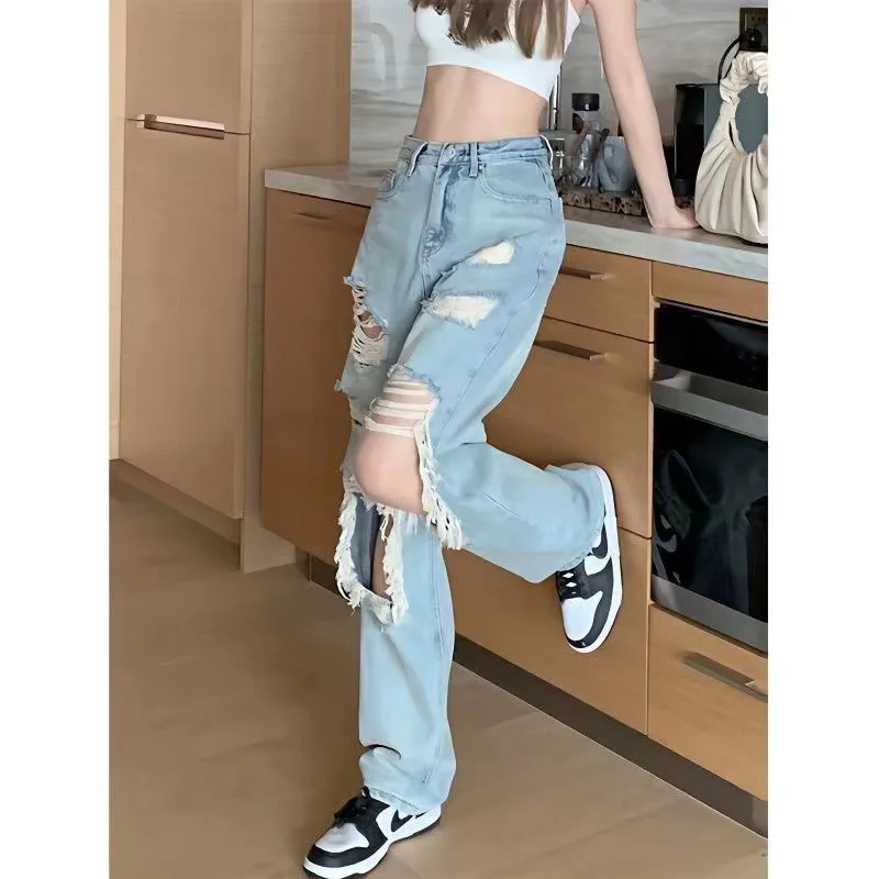 Denim Planet Fashionable Large Hole Straight Jeans Women's Summer New Slimming High Waisted Knee Exposed Street Wide Leg Pants