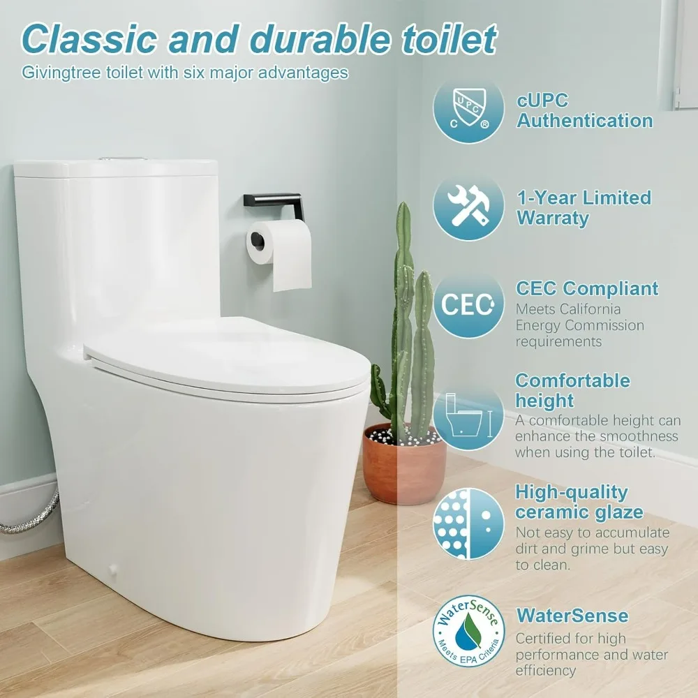 Dual Flush Elongated Standard One Piece Toilet with Comfortable Seat Height,Powerful&Quiet Dual Flush Modern Toilet,Glossy White 2