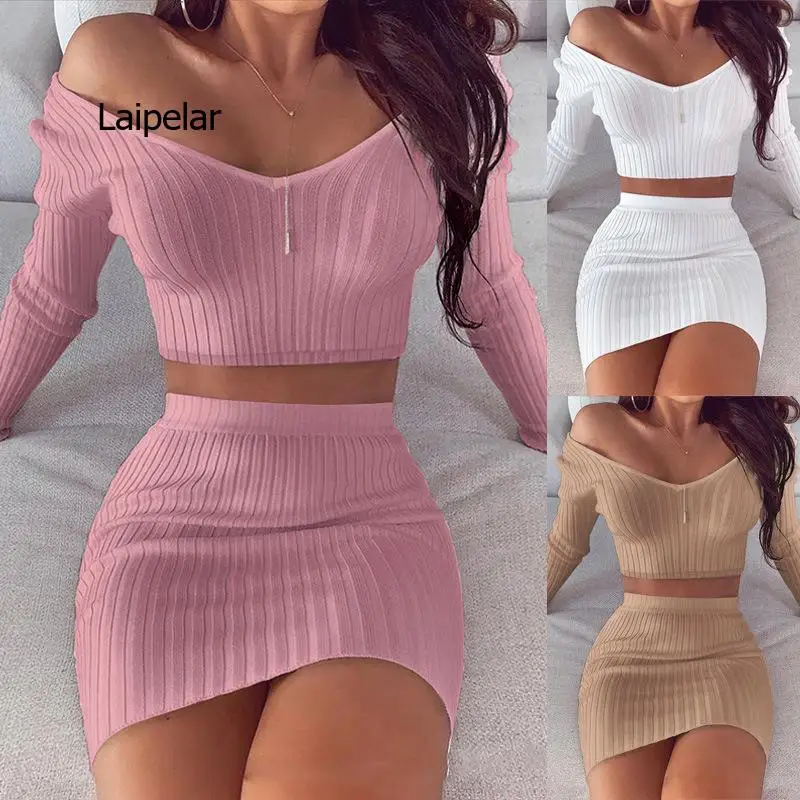

Ladies casual pullover sexy V-neck long-sleeved knit top short skirt suit 2022 autumn and winter female street women's clothing