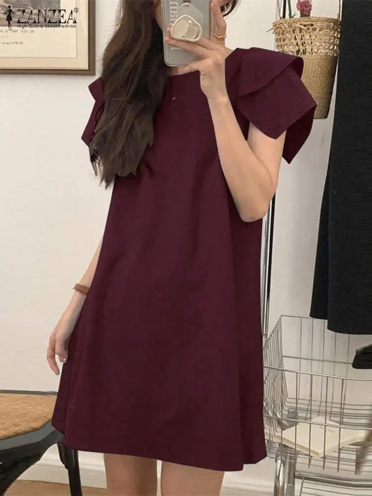 

Повседневный короткий сарафан ZANZEA с оборками на рукавах, праздничное Свободное платье, модное летнее Мини-Платье с круглым вырезом 2024, элегантные однотонные платья