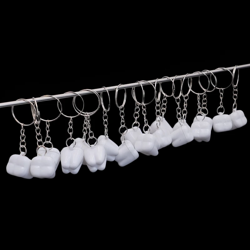 10PCS 흰색  치아 상자 열쇠고리 장식 액세서리, 스테인레스 스틸 열쇠고리가 있는 치아 모양 장식 열쇠고리