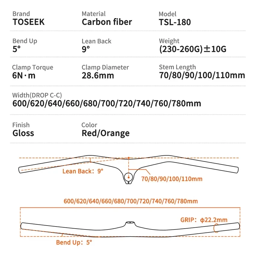 TOSEEK Full Carbon MTB Bicycle Handlebar -10 Degree Ultralight One-Shaped Bike Flat Bar Integrated Width 600mm-780mm Bike Parts