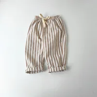 Pantalon à rayures en coton et lin pour garçon et fille, style décontracté, été automne 6