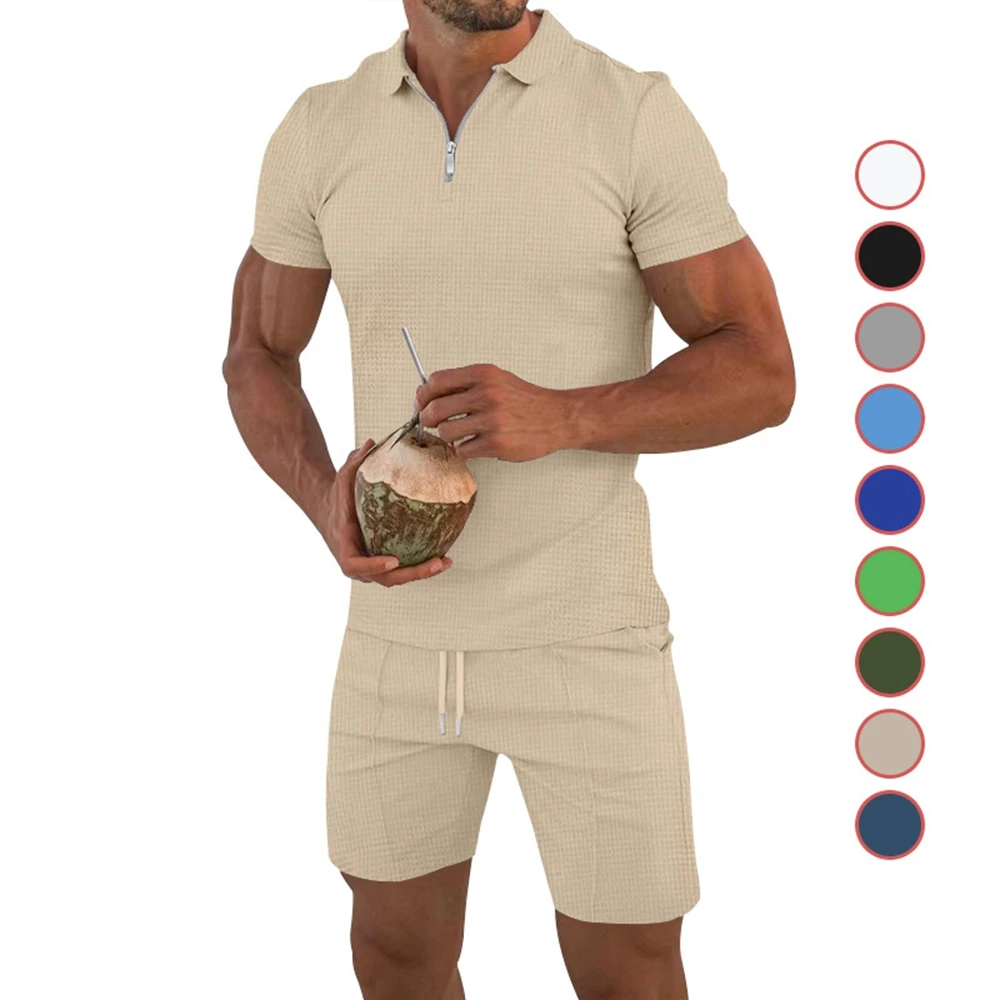 

Mens Suits Short Sleeve Shorts Casual Set Summer Waffle Solid Casual Loose Polo T-shirt Set Men