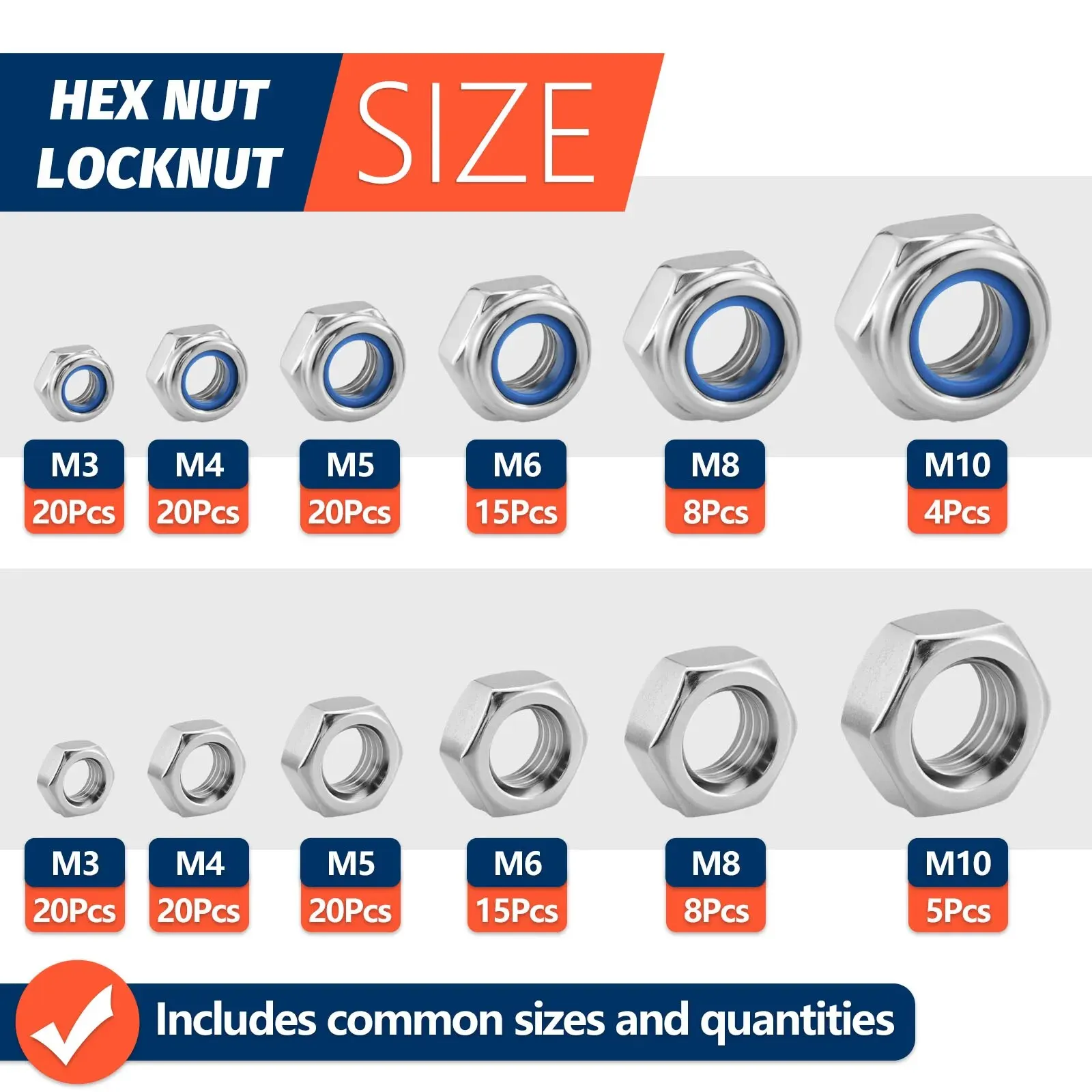 175pcs Nylon Insert Lock & Hex Nut Assortment Kit M3 M4 M5 M6 M8 M10 Stainless Steel, nylon lock nut