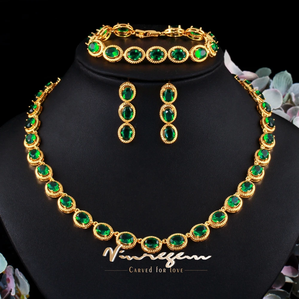 

Vinregem Bohemia Oval Synthesis Sapphire Emerald Gem Anniversary Necklaces/Earrings/Bracelets for Women Vintage Jewelry Set Gift