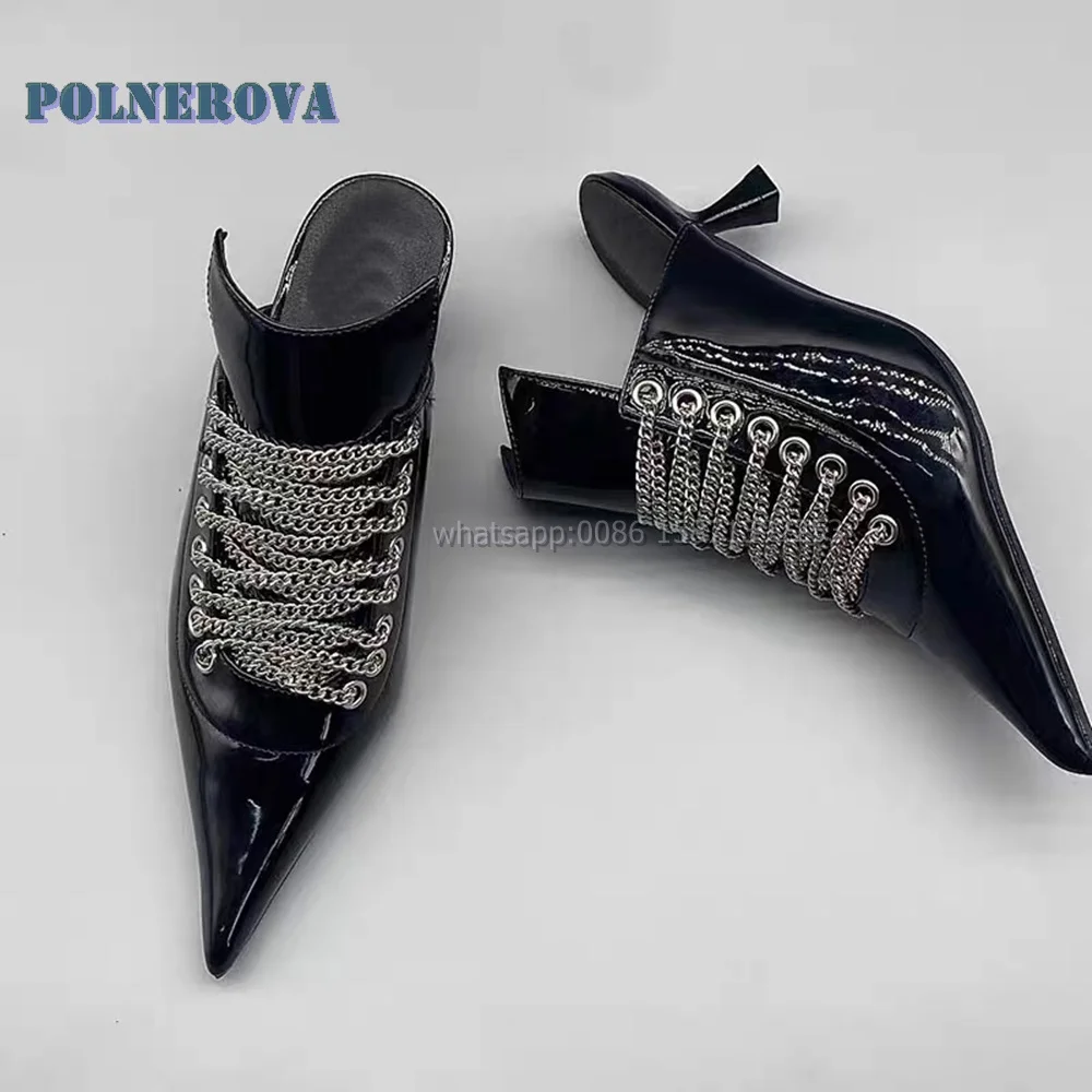 

Chain Wine-Glass Slip On Pumps Pointed Toe Solid Shallow Sexy Women Slides Spicy Girl Heavy Work Slippers 2024 Newest Summer