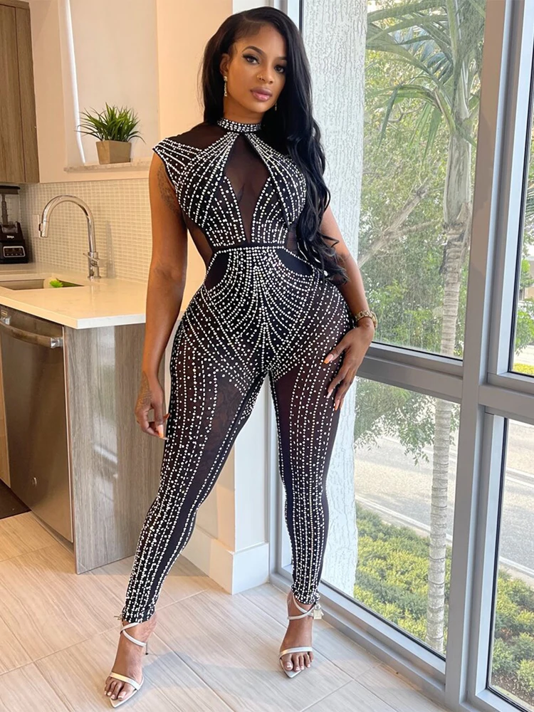 

Black Mesh Hot Diamond Long Jumpsuit Woman Round Necked Sleeveless Solid Color High Waisted Sexy Bodysuit for Evening Party,Bar