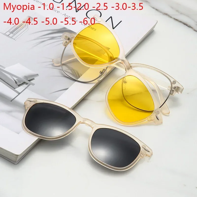 

Transparent Tan Myopia Polarized Magnet Sunglasses Women Men Clip On Glasses Square Optic Spectacle 6 In 1 Eyeglass Frames -6.0