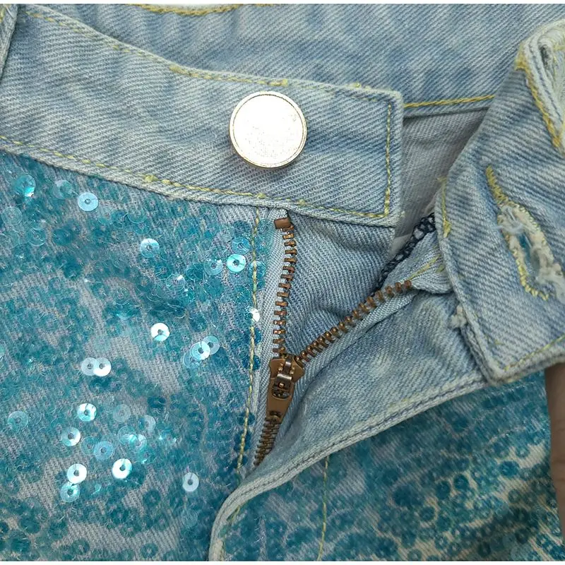 Glossy Blue Denim Glitter Women's Sexy Party Club Shorts Dance Stage Sequin Slim Bottoms