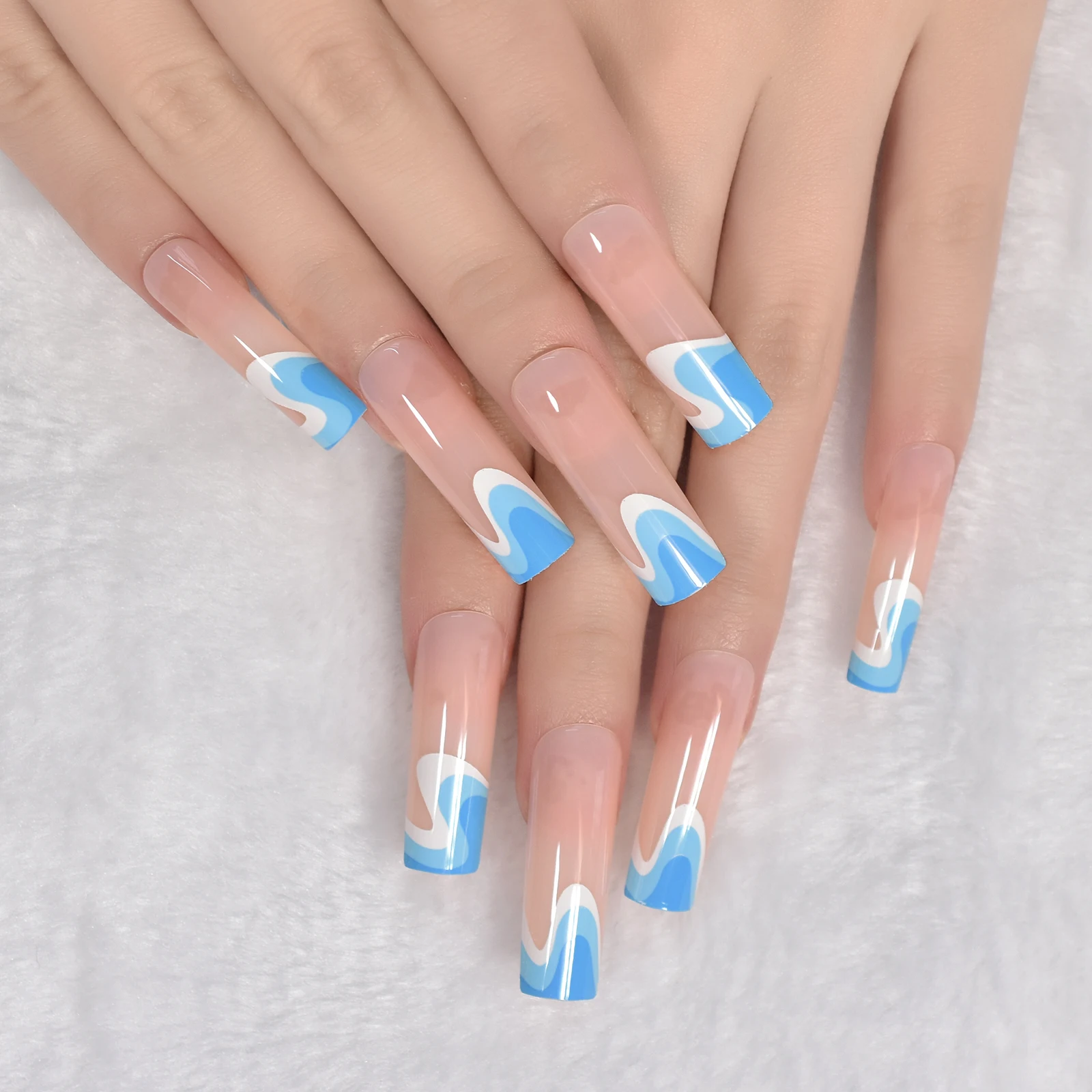 Extra Long Square Press-On Swirl Design False Nails